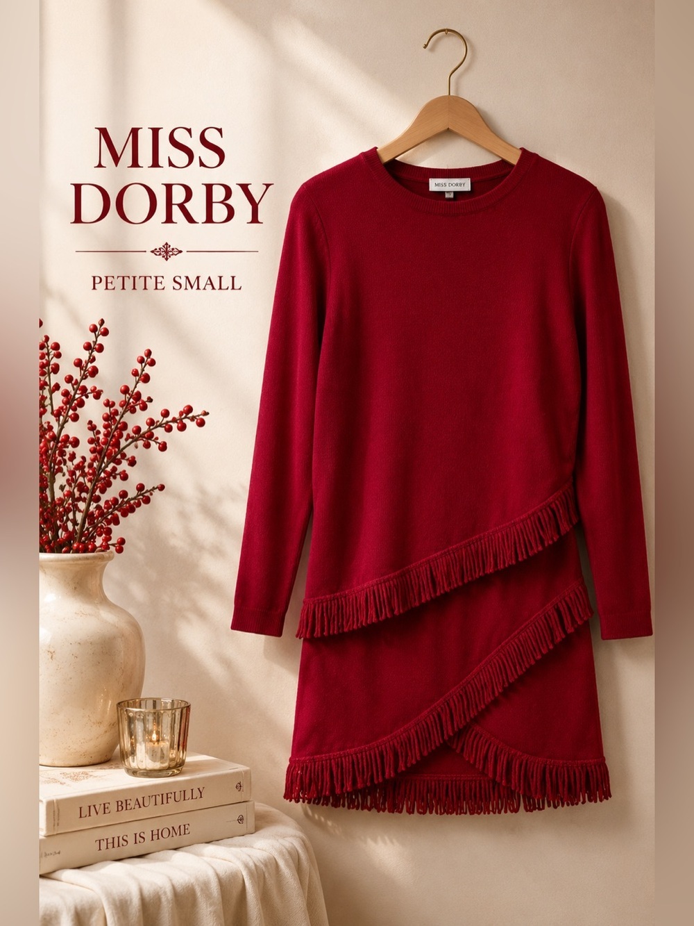 Miss Dorby Womens 2 Piece Red sweaterTop & Skirt w fringe Size Petite Small